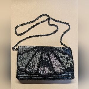 Elegant Black Dark Blue Beaded Clutch Shell Rectangle